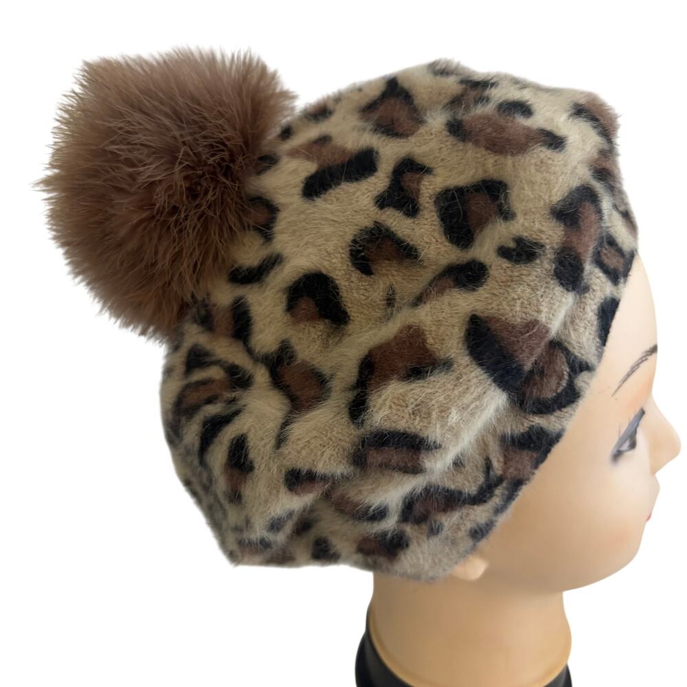 Cara New York Wool Turkey Feather Fluffy Knit Leopard Print Hat Cap w/ Pom Pom
